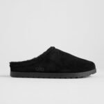 Alo Recovery Slipper in the black suede color with a faux fur lining. 